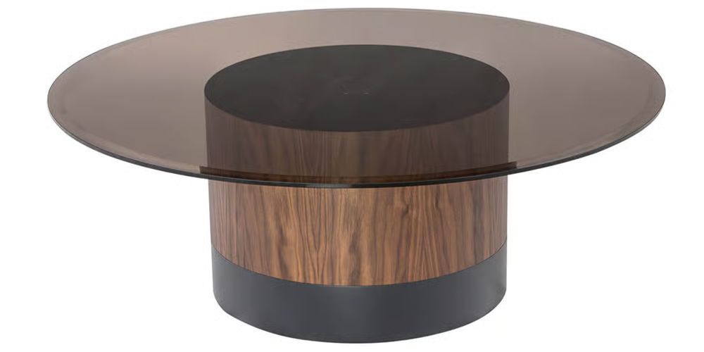 W-Moon coffee table by al2 with cylindrical wood and ceramic base topped with glass